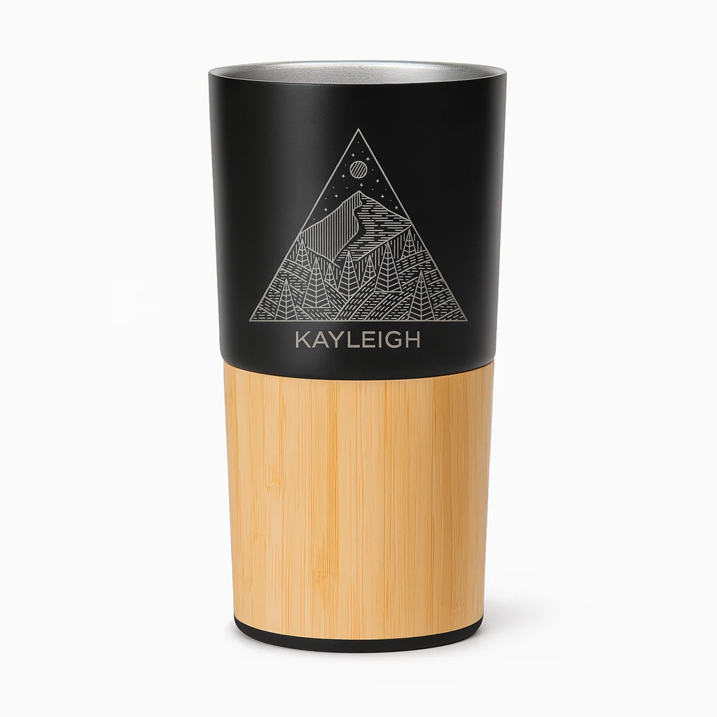 Custom 16oz Bamboo & Stainless Coffee Tumbler triangle