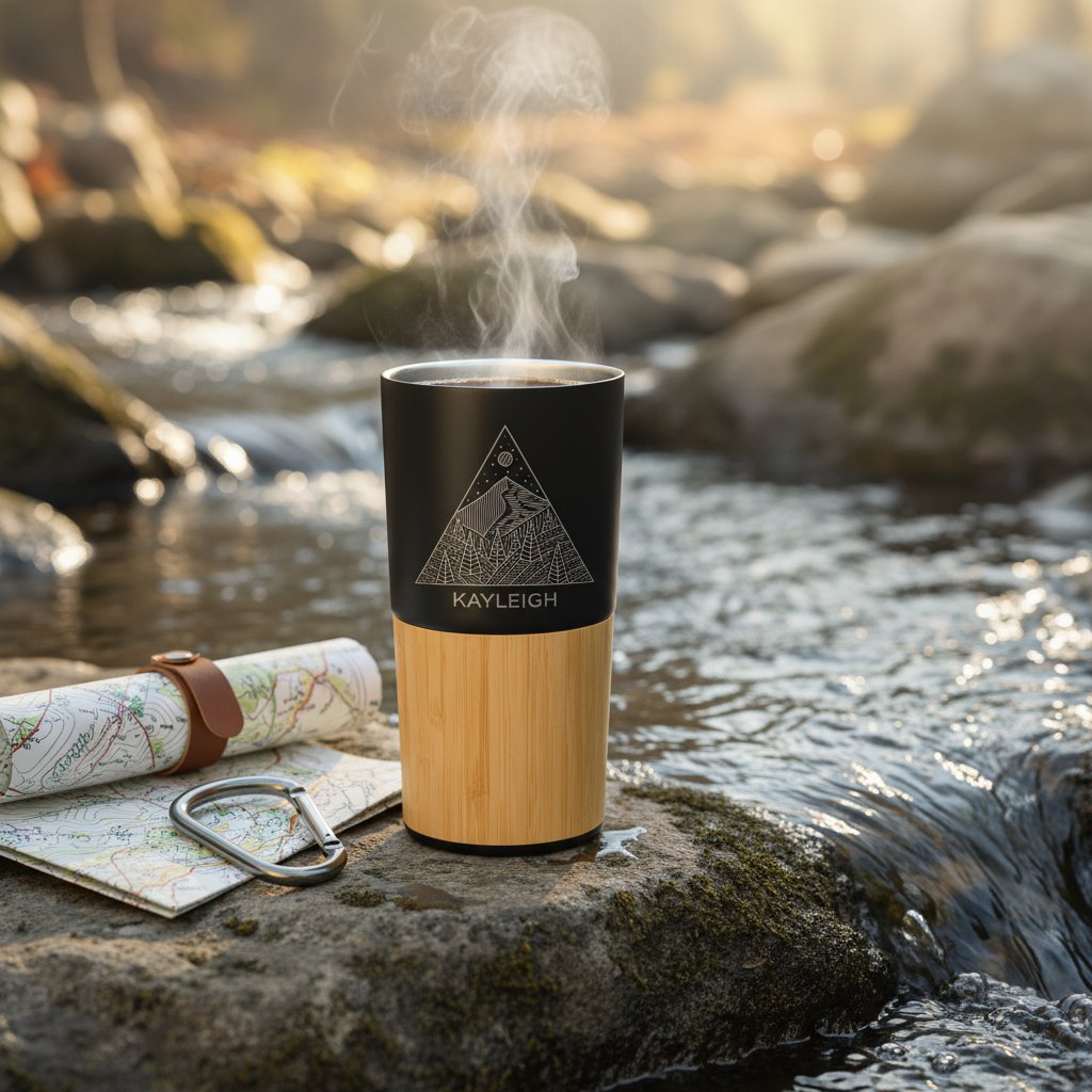 Custom 16oz Bamboo & Stainless Coffee Tumbler triangle