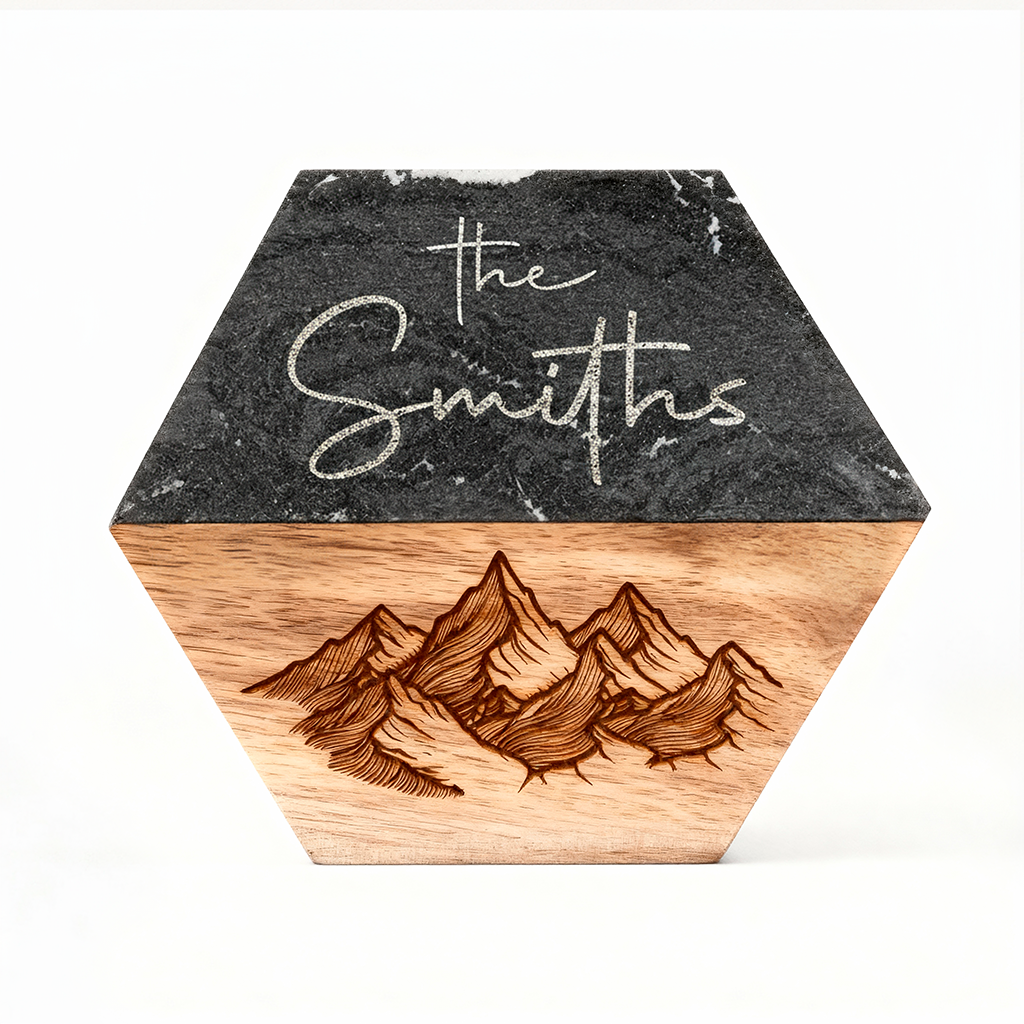 Custom Marble & Acacia Wood Coasters Set (Wooden Mountain and Marble Text)