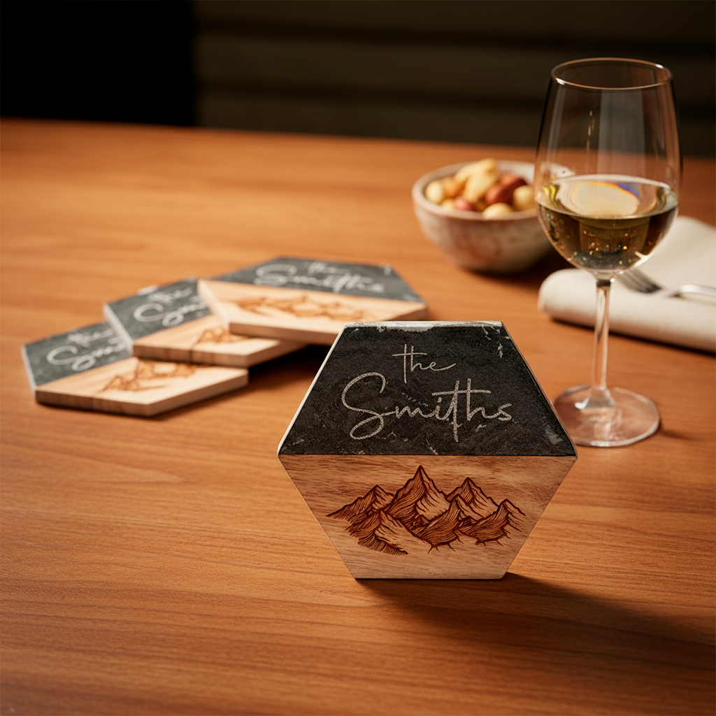 Custom Marble & Acacia Wood Coasters Set (Wooden Mountain and Marble Text)