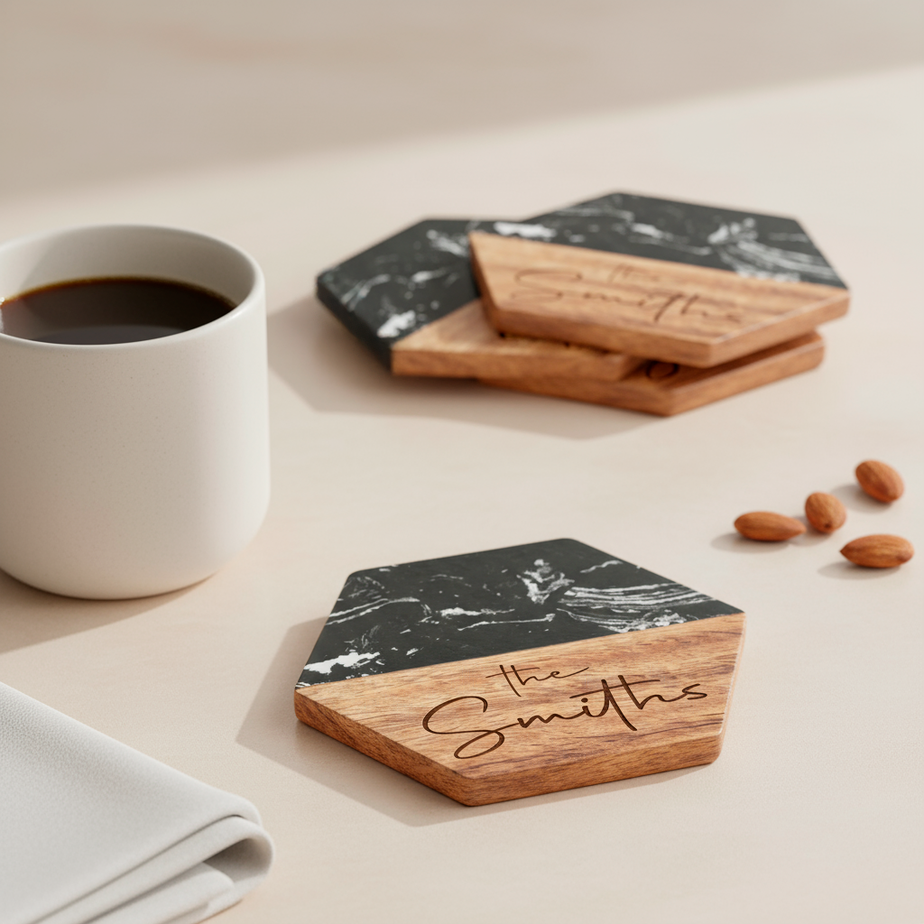 Custom Black Marble & Acacia Wood Coasters set (Text)