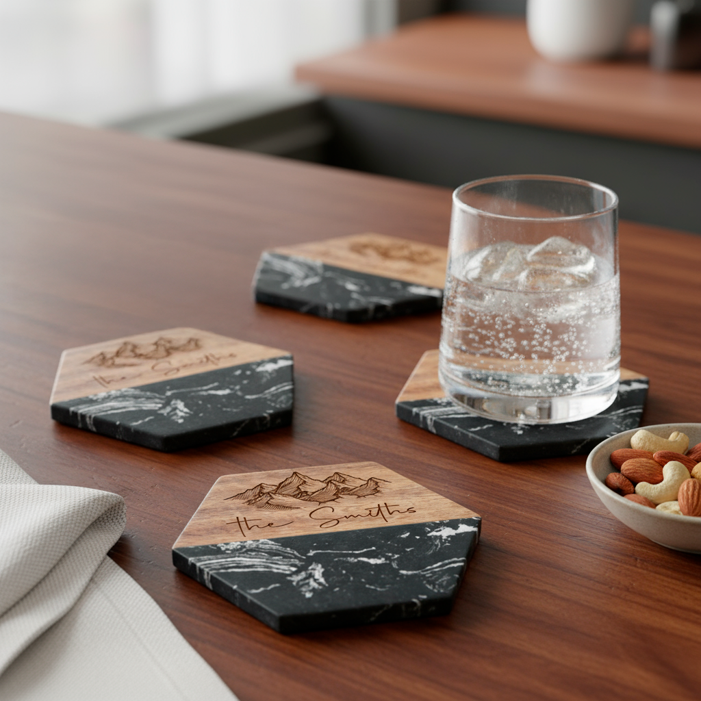 Custom Black Marble & Acacia Wood Coasters set (Mountain with Text)