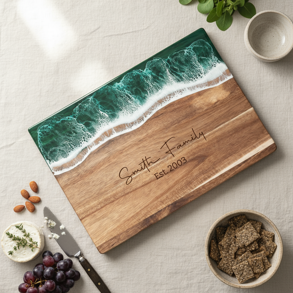 Custom Acacia Wood Cutting Board Resin Green Wave Text
