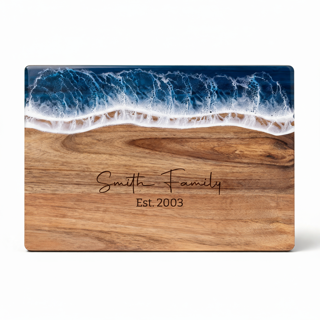 Custom Acacia Wood Cutting Board Resin Blue Wave Text