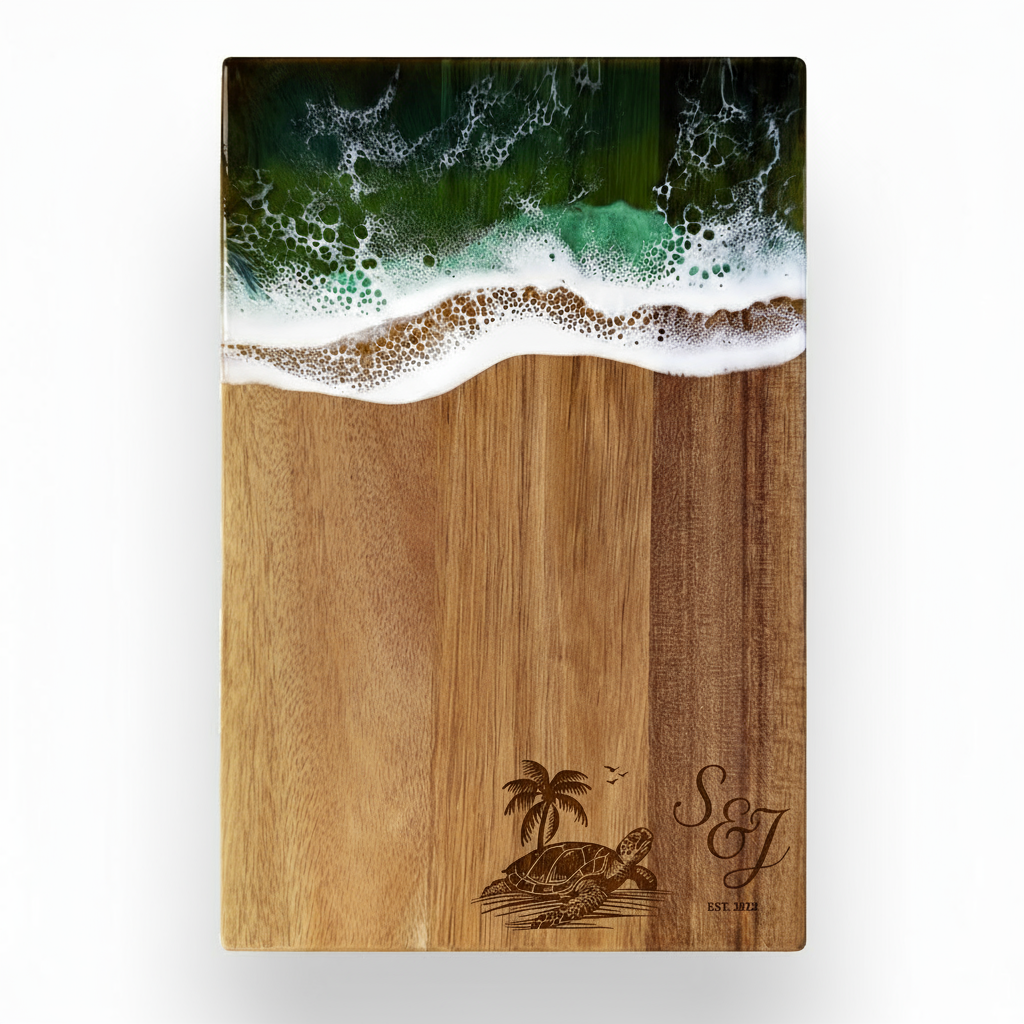 Custom Acacia Wood Cutting Board Resin Green Wave Draw