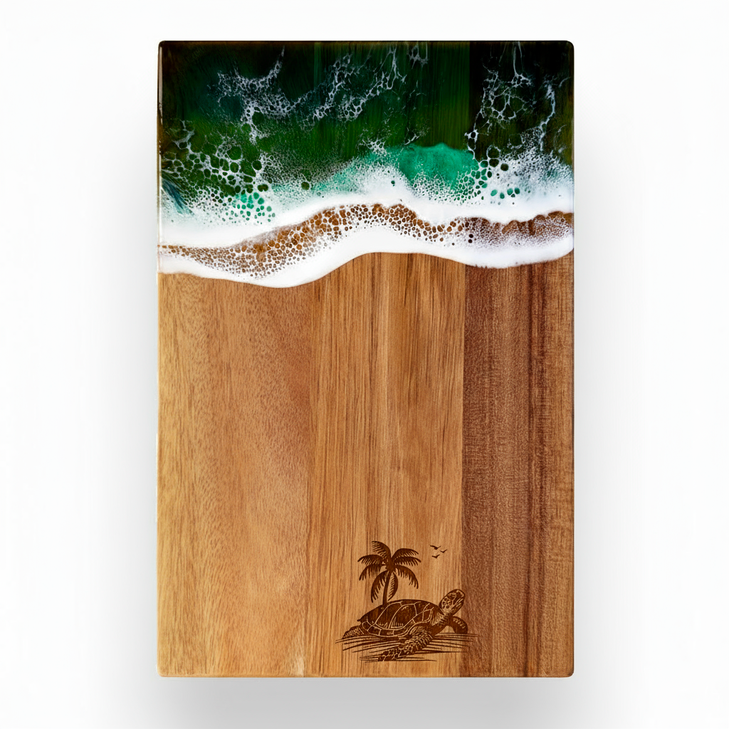 Custom Acacia Wood Cutting Board Resin Green Wave Draw
