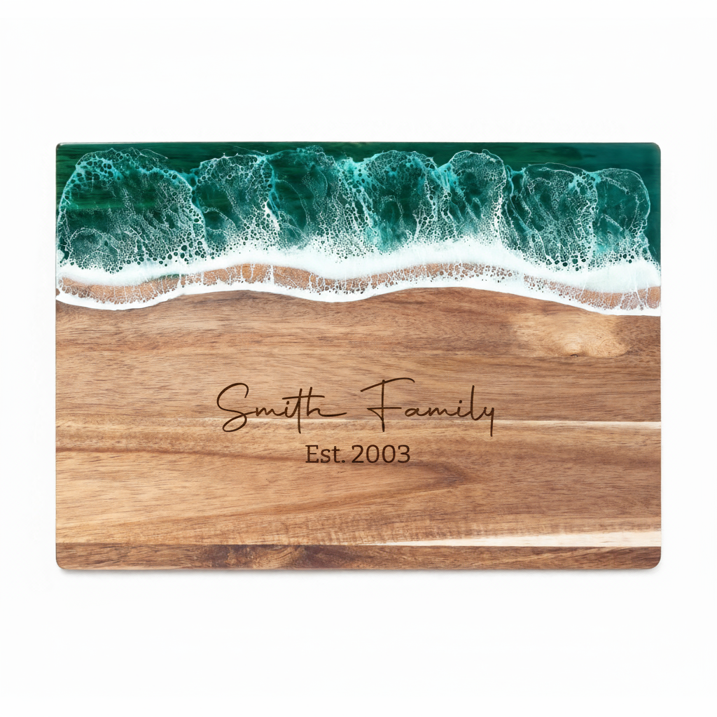 Custom Acacia Wood Cutting Board Resin Green Wave Text