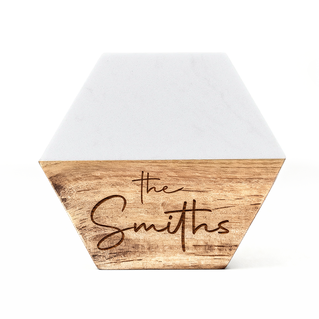 Custom White Marble & Acacia Wood Coasters set (Text)