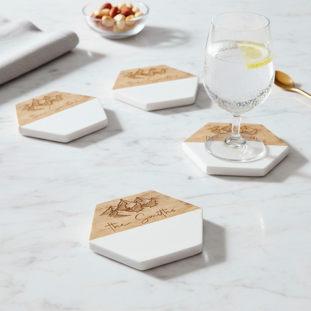 Custom White Marble & Acacia Wood Coasters set (Mountain with Text)