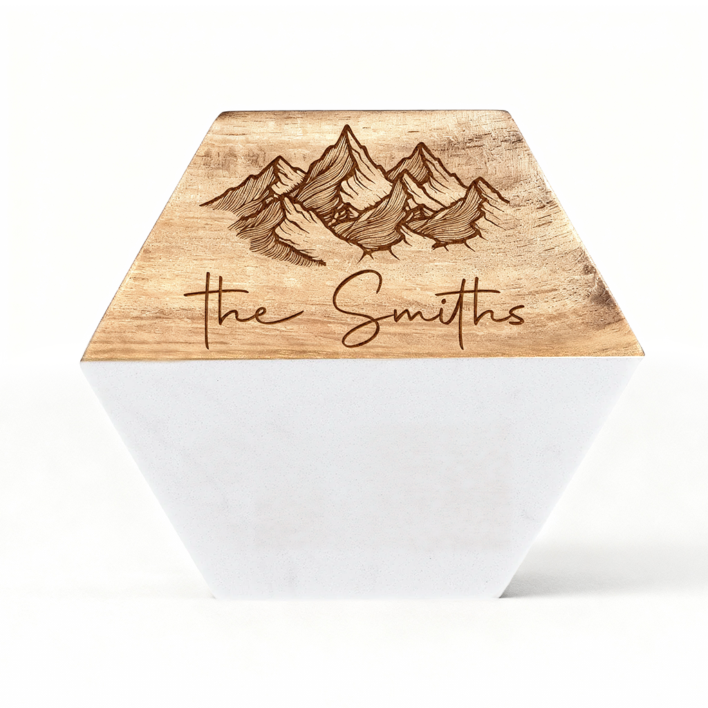 Custom White Marble & Acacia Wood Coasters set (Mountain with Text)