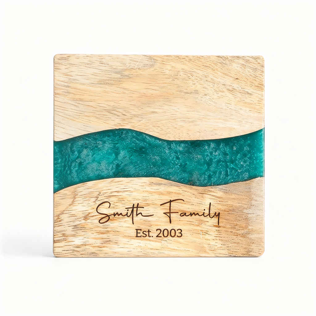Custom Wood & Epoxy Resin Coaster Set with Stand Text