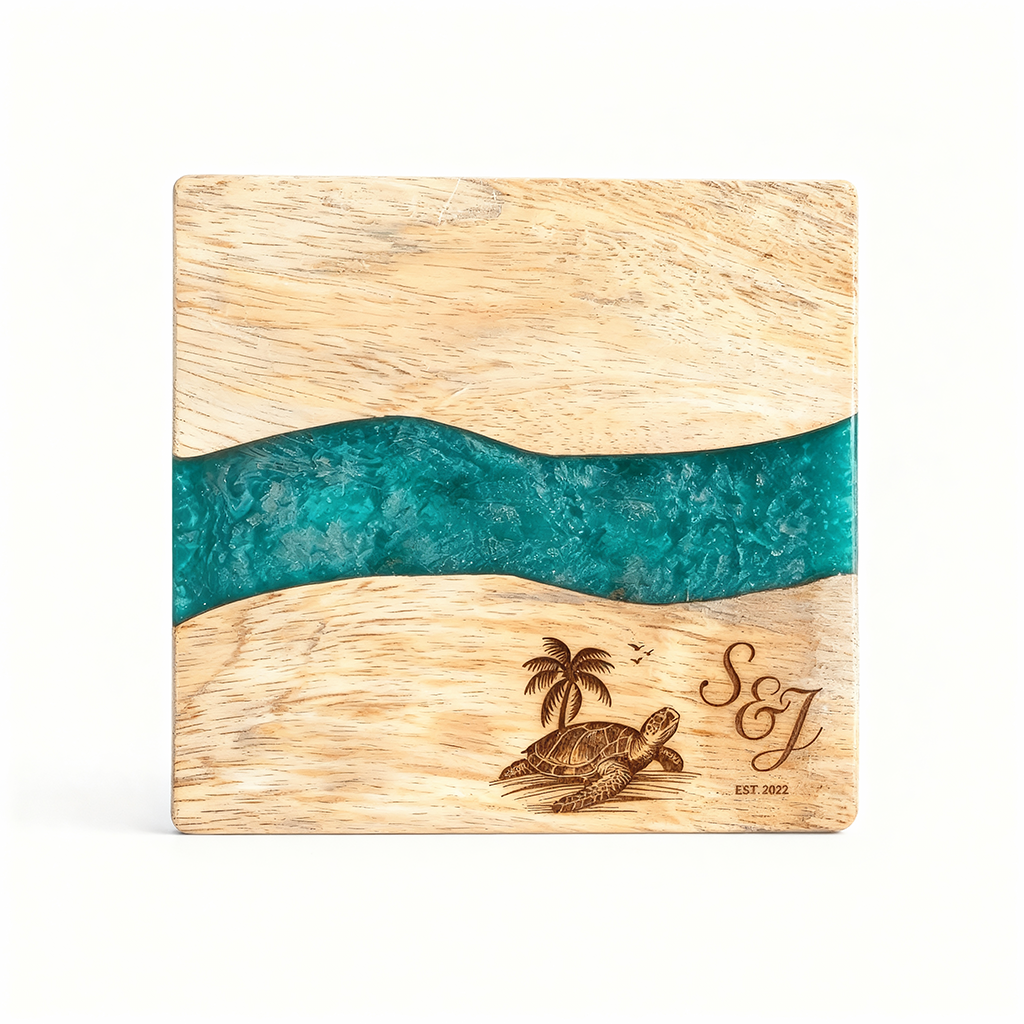 Custom Wood & Epoxy Resin Coaster Set with Stand Draw