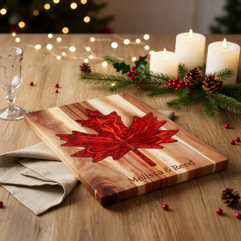 Custom Acacia Wood & Epoxy Resin Cutting Board – Maple Leaf Shape