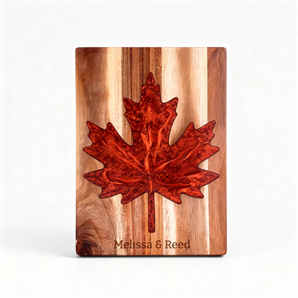 Custom Acacia Wood & Epoxy Resin Cutting Board – Maple Leaf Shape