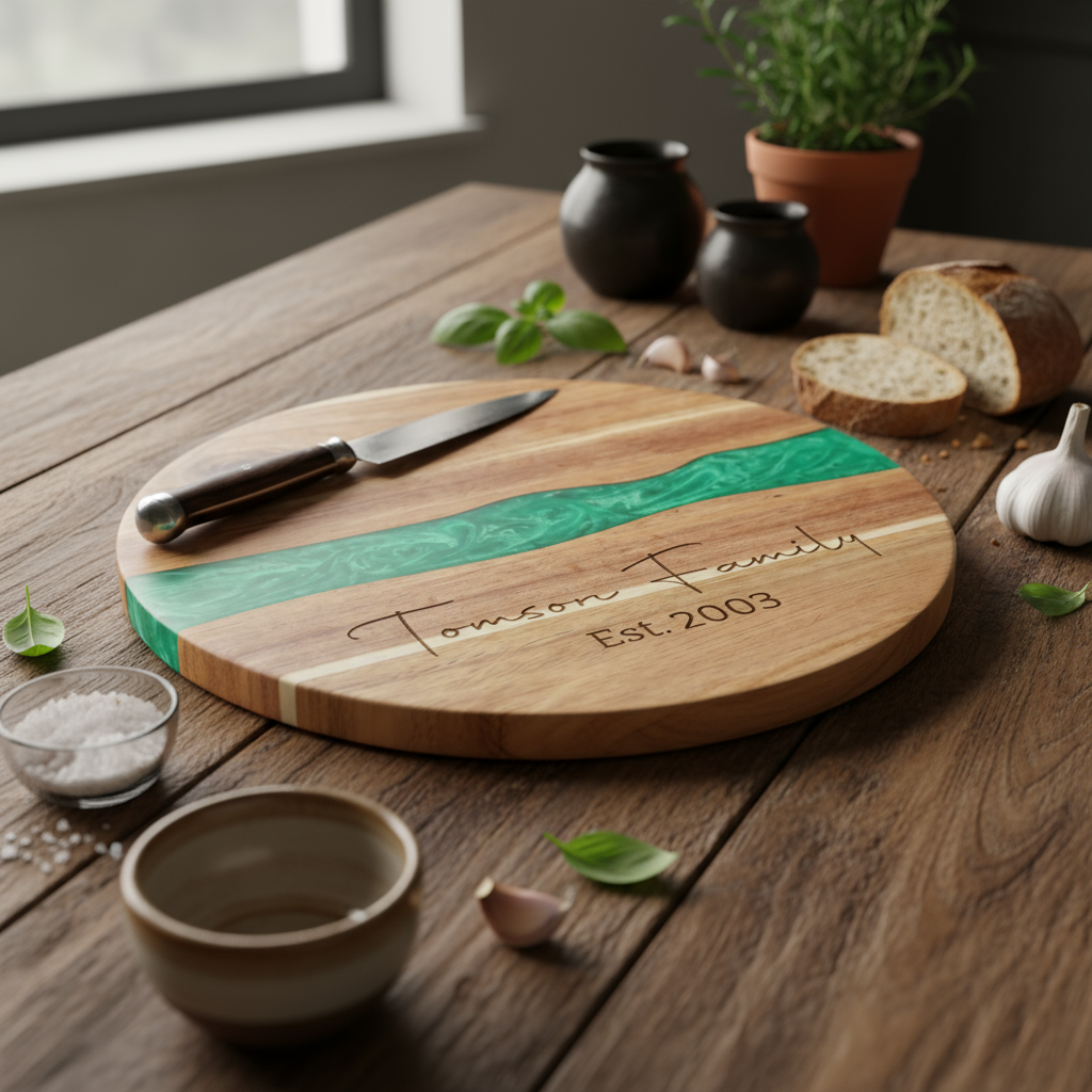 Custom Round Acacia Wood Cutting Board Resin Green