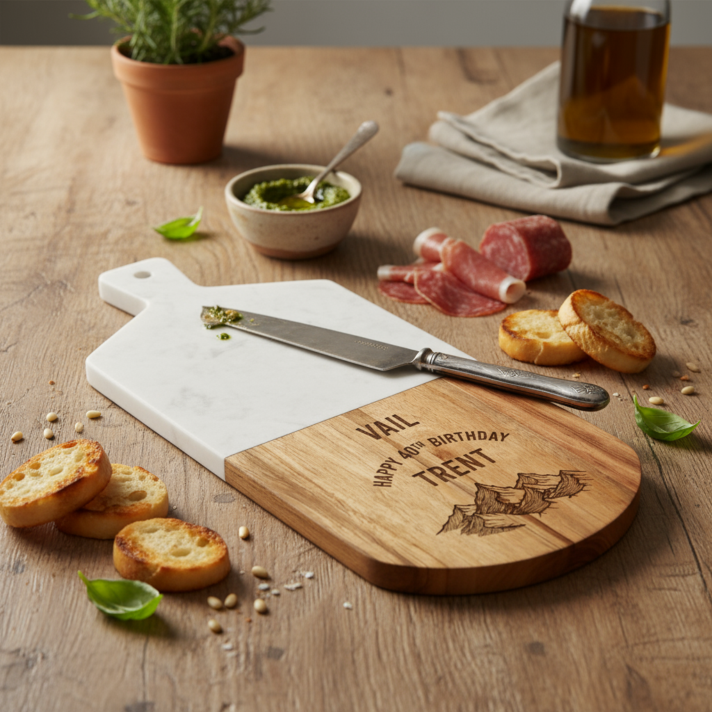 Custom White Marble and Acacia Wood Cutting Board Mountain 01