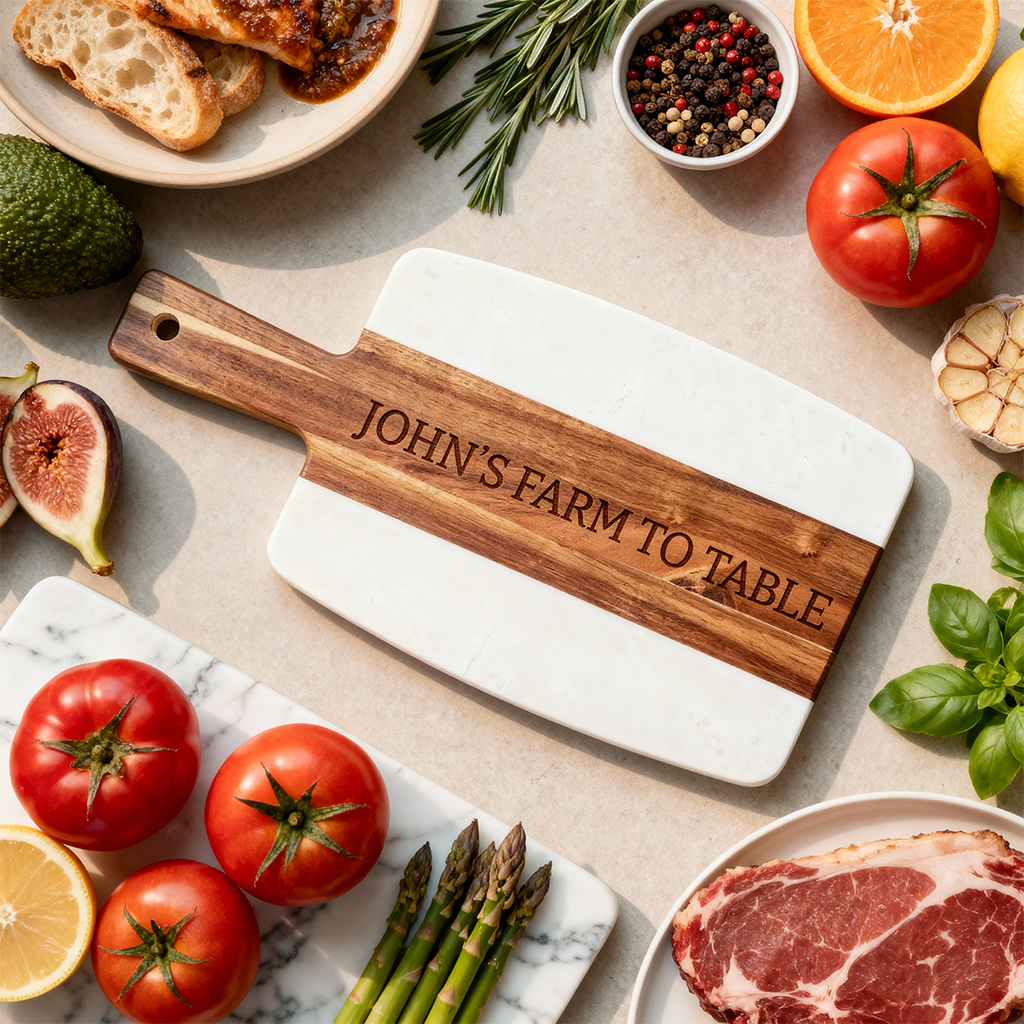 Custom White Marble and Acacia Wood Serving Board with Handle