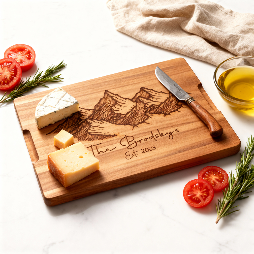 Custom Rectangular Acacia Wood Serving Board with Grooves mountain