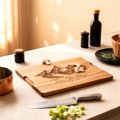 Custom Rectangular Acacia Wood Serving Board with Grooves mountain
