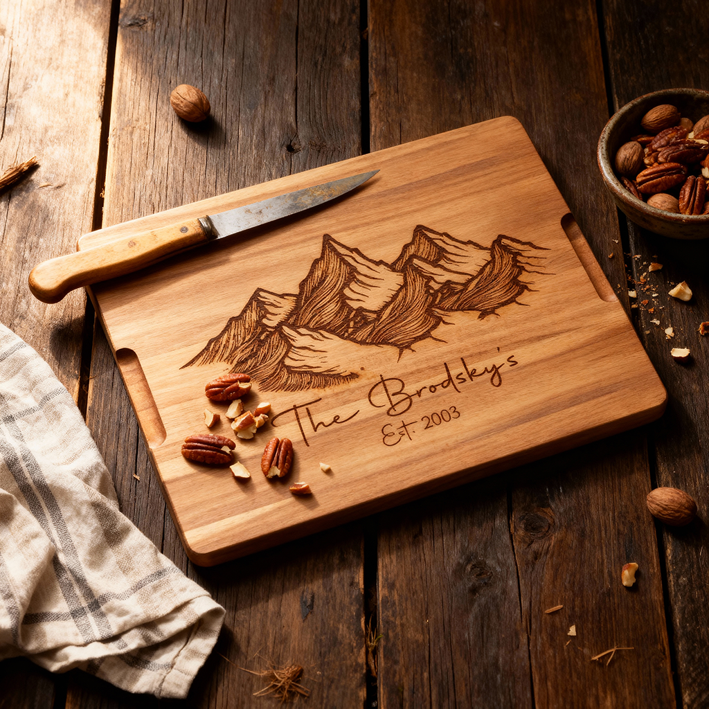 Custom Rectangular Acacia Wood Serving Board with Grooves mountain