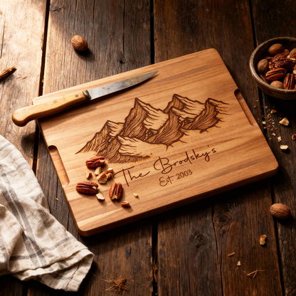 Custom Rectangular Acacia Wood Serving Board with Grooves mountain