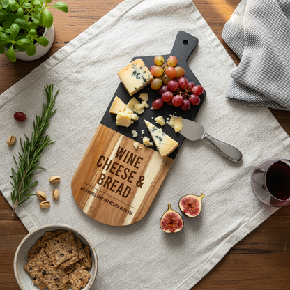 Custom Black Marble and Acacia Wood Cutting Board Text