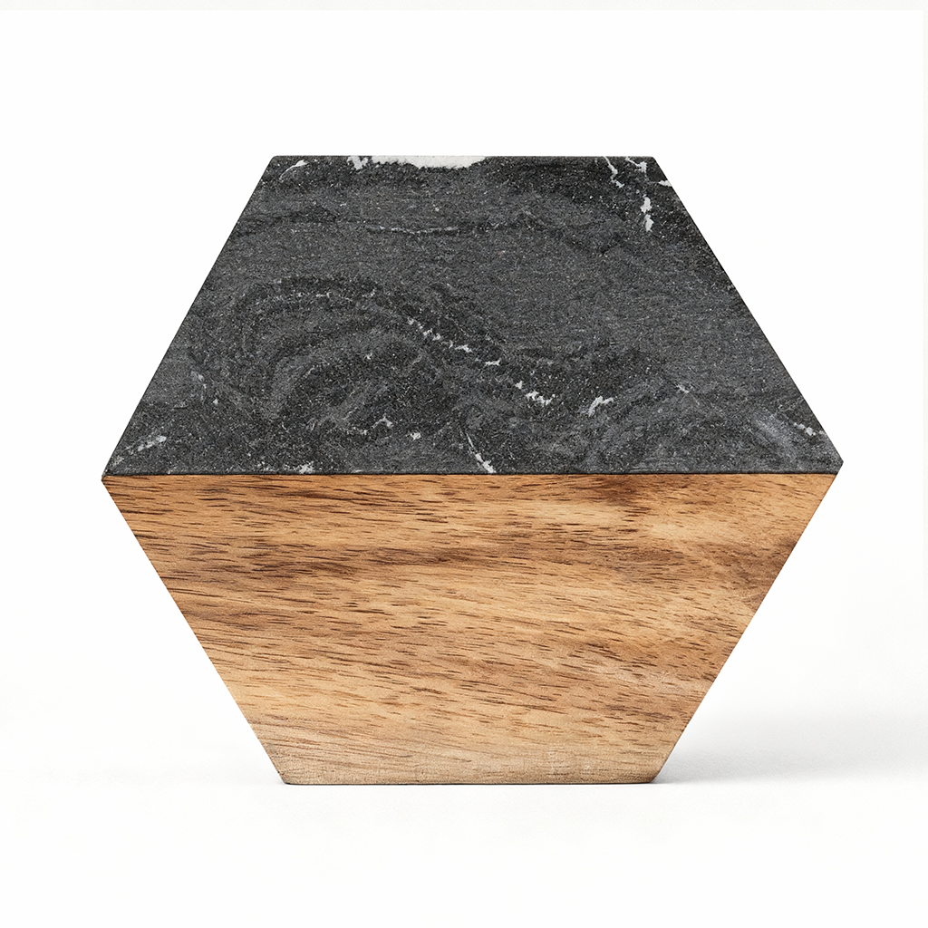 Custom Marble &amp; Acacia Wood Coasters Set (Text Wood)