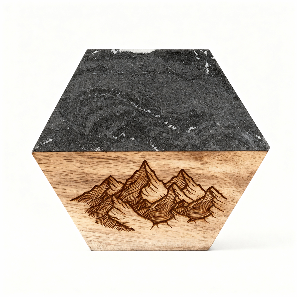 Custom Marble &amp; Acacia Wood Coasters Set (Wooden Mountain and Marble Text)