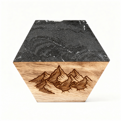 Custom Marble &amp; Acacia Wood Coasters Set (Wooden Mountain and Marble Text)