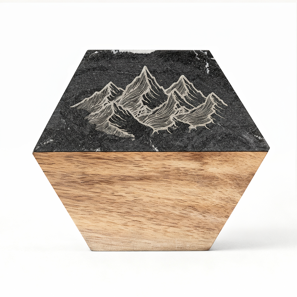 Custom Marble &amp; Acacia Wood Coasters Set (Marble Mountain and Wooden Text)