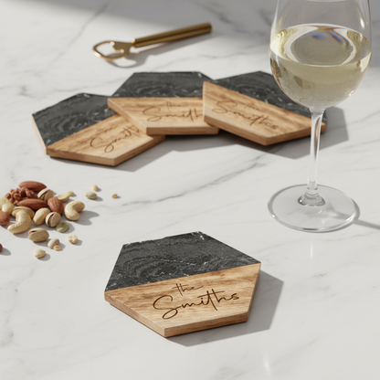 Custom Marble &amp; Acacia Wood Coasters Set (Text Wood)
