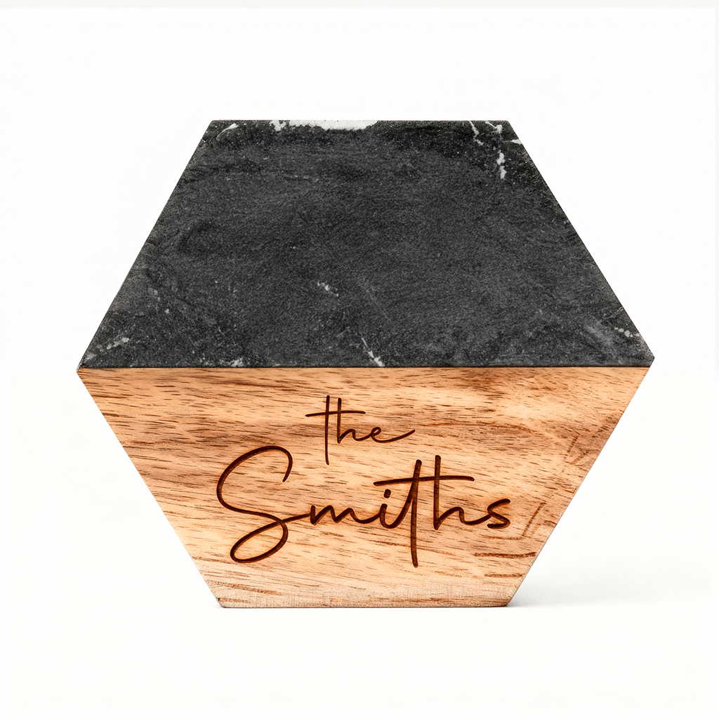 Custom Marble &amp; Acacia Wood Coasters Set (Text Wood)