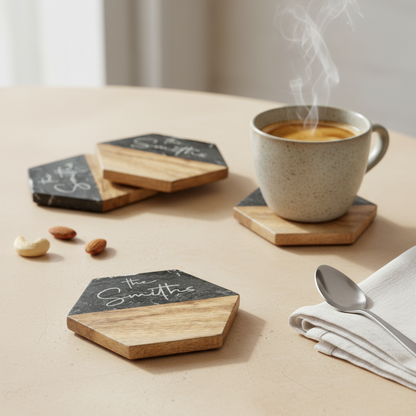Custom Marble &amp; Acacia Wood Coasters Set (Marble Text)