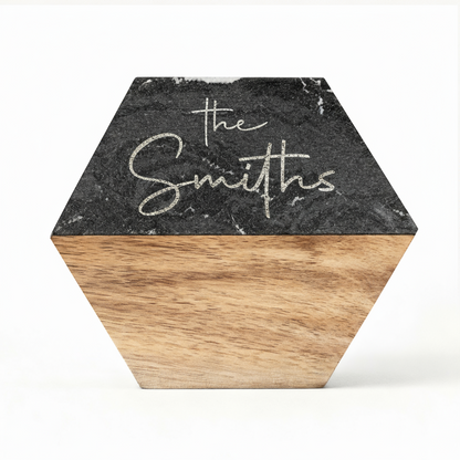 Custom Marble &amp; Acacia Wood Coasters Set (Marble Text)