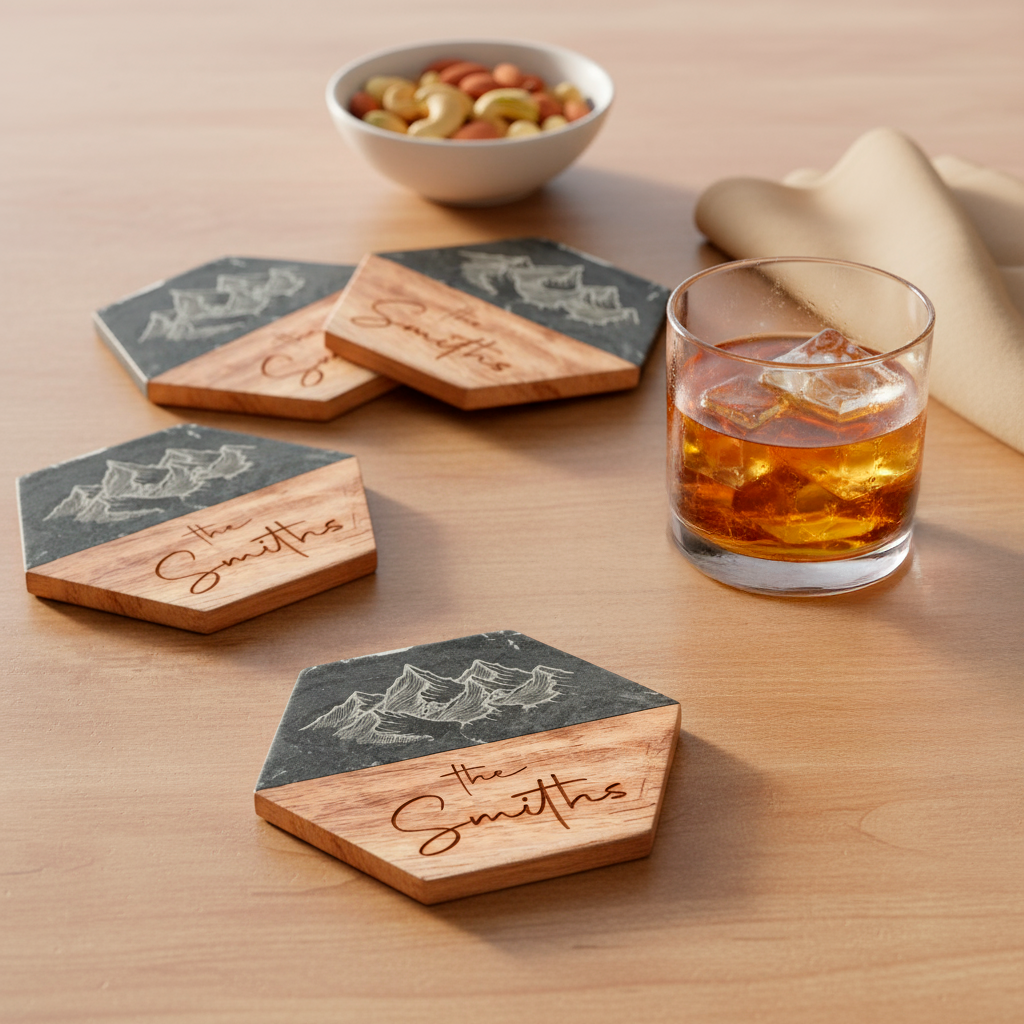 Custom Marble & Acacia Wood Coasters Set (Marble Mountain and Wooden Text)