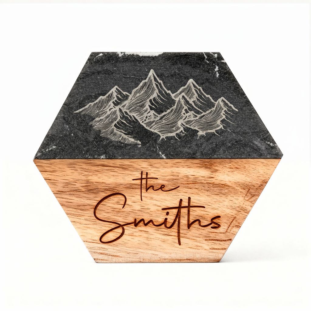Custom Marble &amp; Acacia Wood Coasters Set (Marble Mountain and Wooden Text)