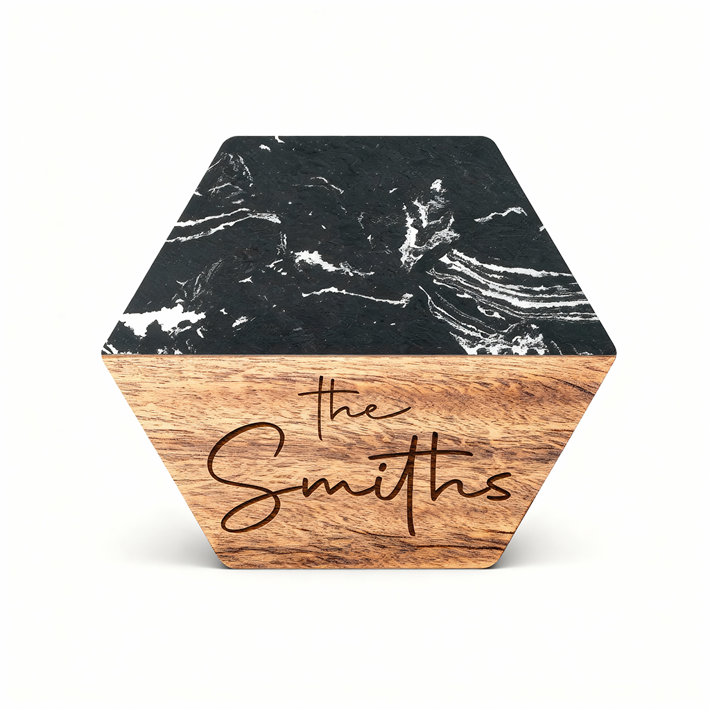 Custom Black Marble & Acacia Wood Coasters set (Text)