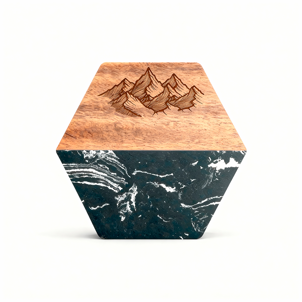 Custom Black Marble &amp; Acacia Wood Coasters set (Mountain with Text)