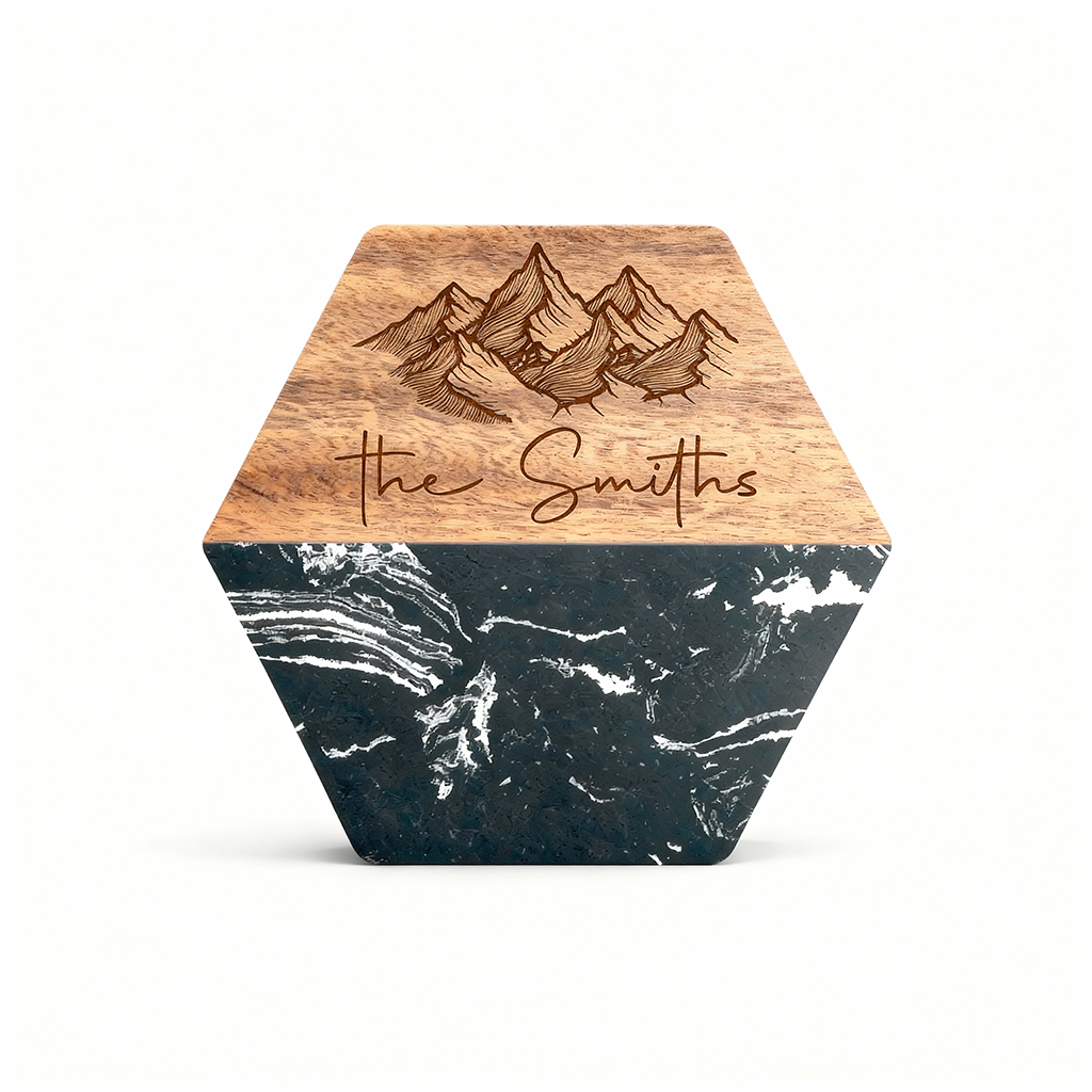 Custom Black Marble &amp; Acacia Wood Coasters set (Mountain with Text)