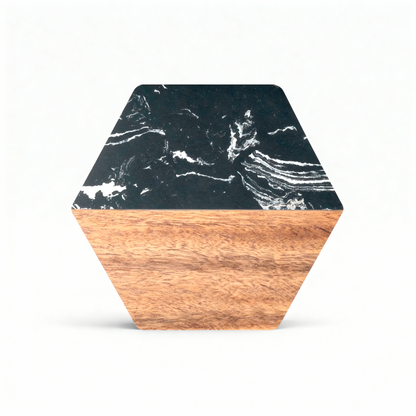 Custom Black Marble &amp; Acacia Wood Coasters set (Text)