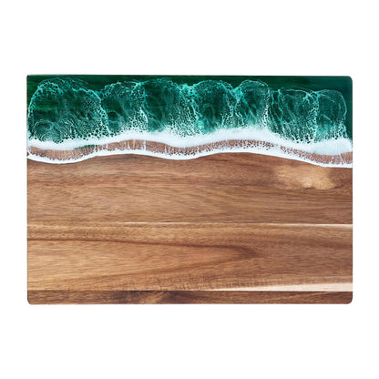 Custom Acacia Wood Cutting Board Resin Green Wave Text