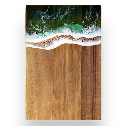 Custom Acacia Wood Cutting Board Resin Green Wave Text
