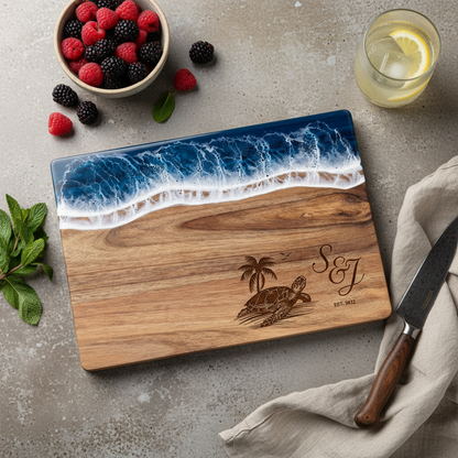 Custom Acacia Wood Cutting Board Resin Blue Wave Draw