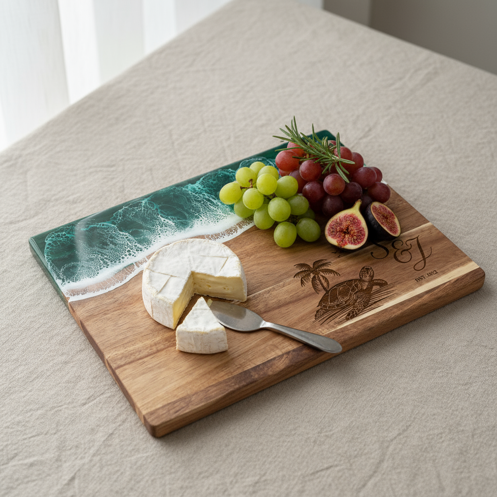 Custom Acacia Wood Cutting Board Resin Green Wave Draw