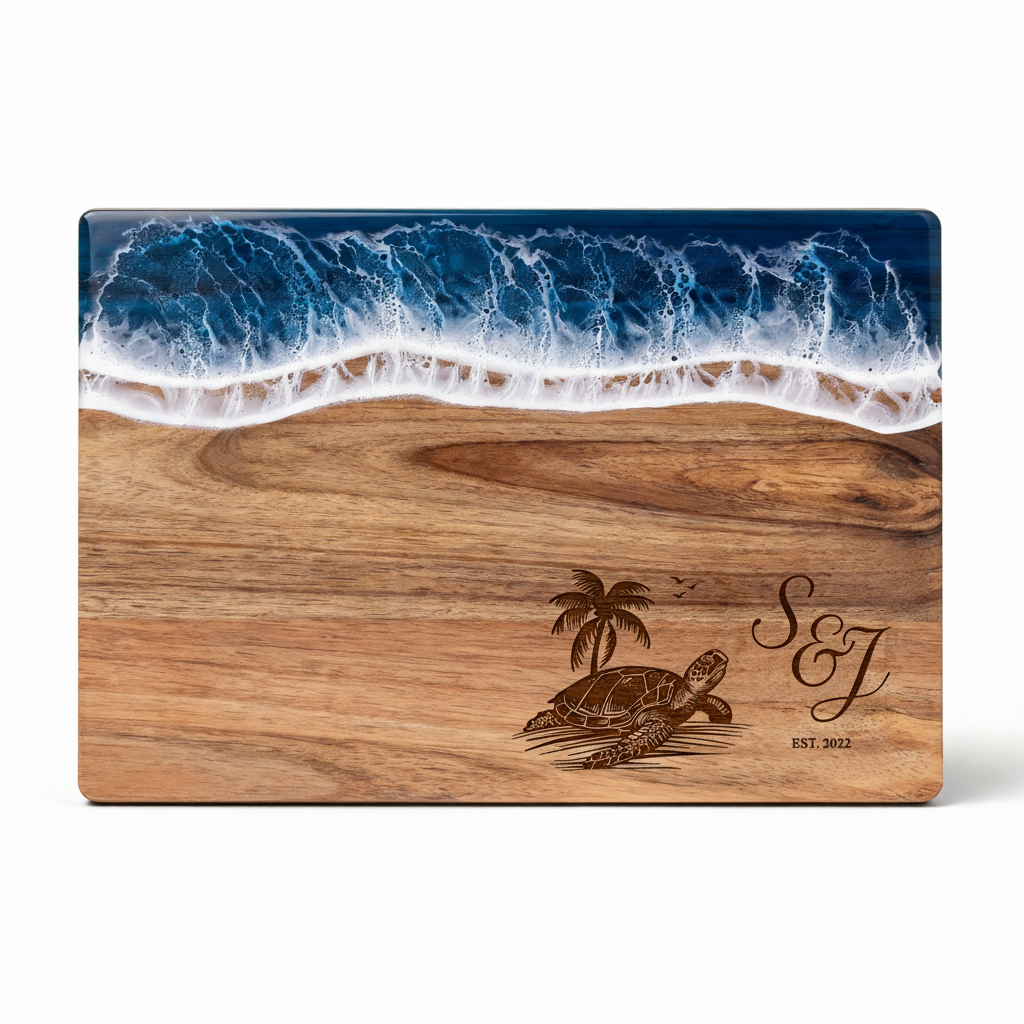 Custom Acacia Wood Cutting Board Resin Blue Wave Draw