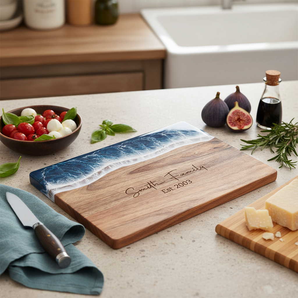 Custom Acacia Wood Cutting Board Resin Blue Wave Text