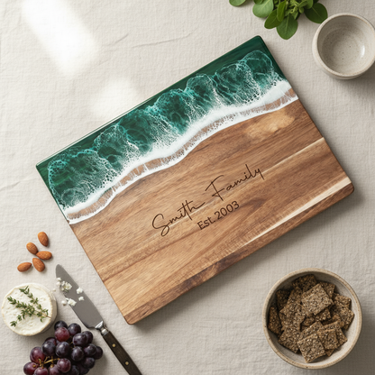Custom Acacia Wood Cutting Board Resin Green Wave Text