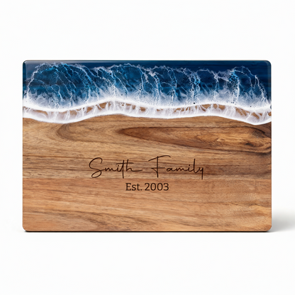 Custom Acacia Wood Cutting Board Resin Blue Wave Text
