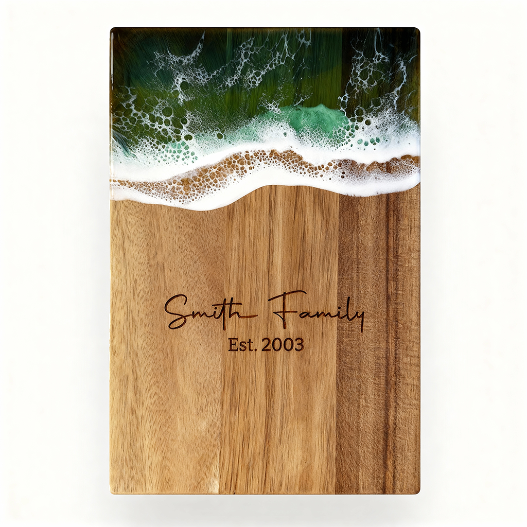 Custom Acacia Wood Cutting Board Resin Green Wave Text