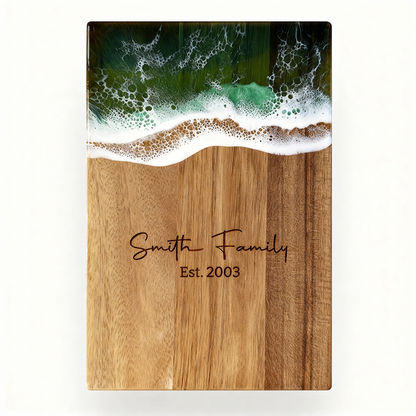 Custom Acacia Wood Cutting Board Resin Green Wave Text
